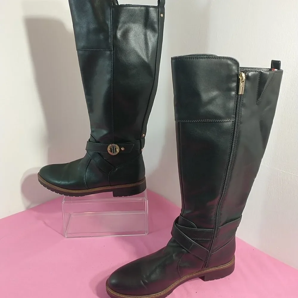Tommy Hilfiger Womens SZ 9.5M Black Leather Knee-High Riding Boots With Zipper .
